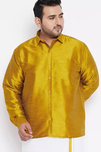 Men's mustard silk blend ethnic shirt