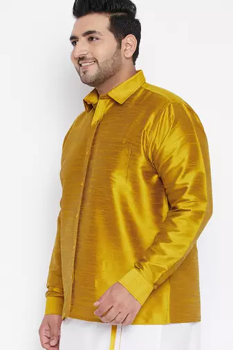 Men's mustard silk blend ethnic shirt