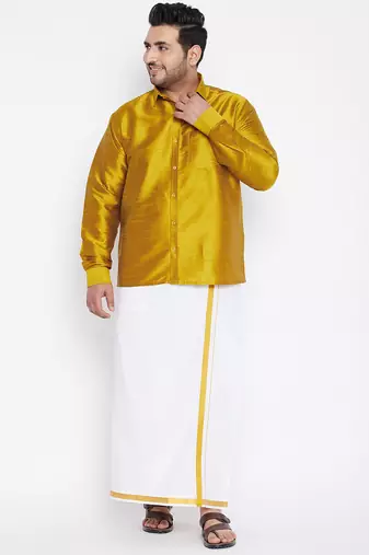 Men's mustard silk blend ethnic shirt
