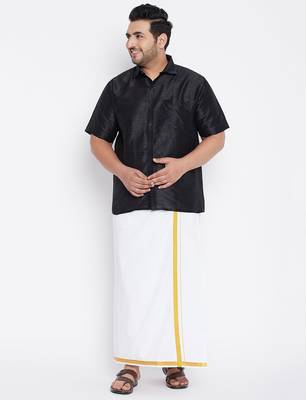 Men's black and white silk blend shirt and mundu set 1