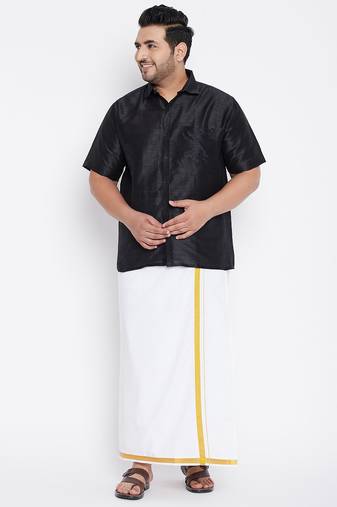 Men's black and white silk blend shirt and mundu set