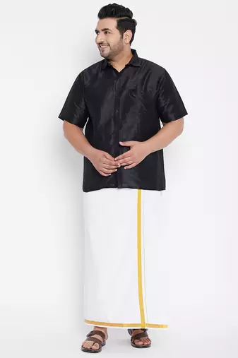Men's black and white silk blend shirt and mundu set