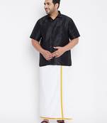 Men's black and white silk blend shirt and mundu set