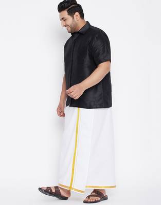 Men's black and white silk blend shirt and mundu set 2
