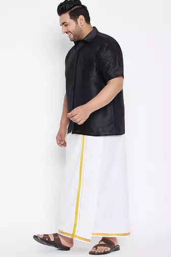 Men's black and white silk blend shirt and mundu set