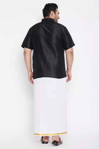 Men's black and white silk blend shirt and mundu set