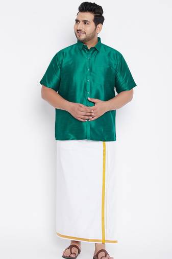 Men's green and white silk blend shirt and mundu set