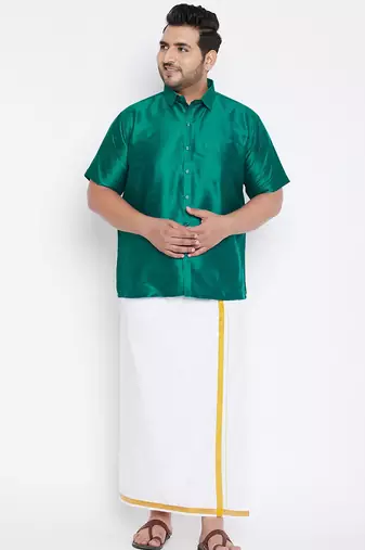 Men's green and white silk blend shirt and mundu set