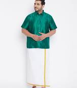 Men's green and white silk blend shirt and mundu set
