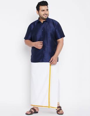 Men's navy blue and white silk blend shirt and mundu set 1