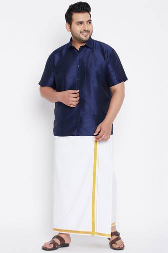 Men's navy blue and white silk blend shirt and mundu set