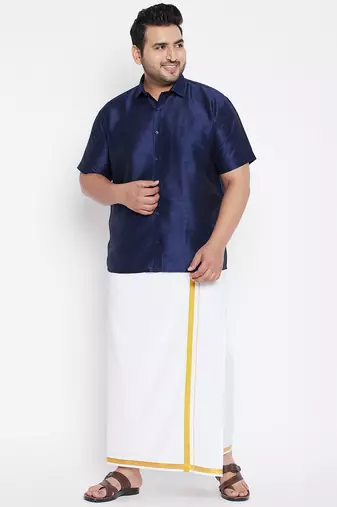 Men's navy blue and white silk blend shirt and mundu set