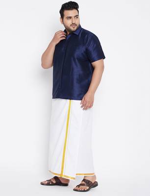 Men's navy blue and white silk blend shirt and mundu set 2