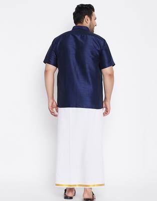 Men's navy blue and white silk blend shirt and mundu set 3