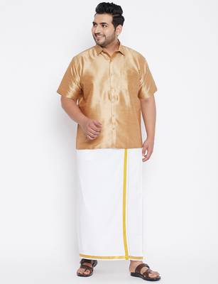 Men's rose gold and white silk blend shirt and mundu set 1