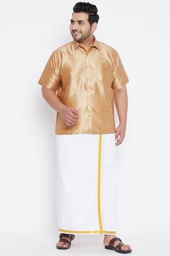 Men's rose gold and white silk blend shirt and mundu set