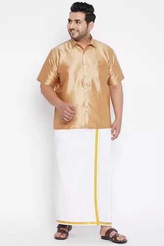 Men's rose gold and white silk blend shirt and mundu set