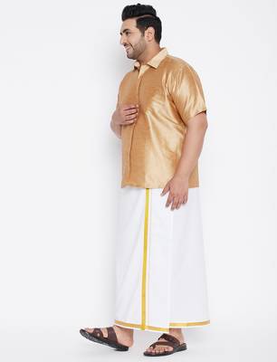 Men's rose gold and white silk blend shirt and mundu set 2