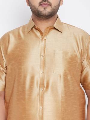Men's rose gold and white silk blend shirt and mundu set 4