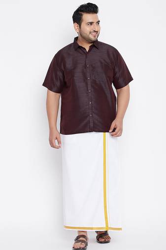 Men's wine and white silk blend shirt and mundu set