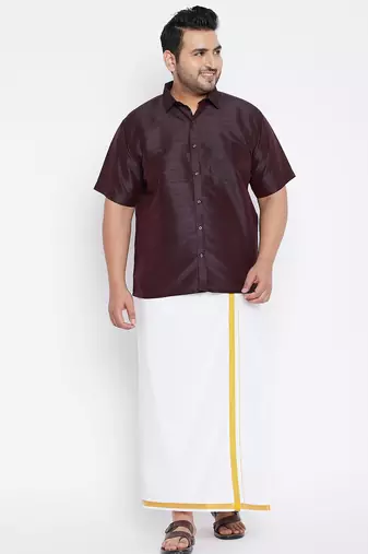 Men's wine and white silk blend shirt and mundu set