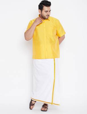 Men's yellow and white silk blend shirt and mundu set 1