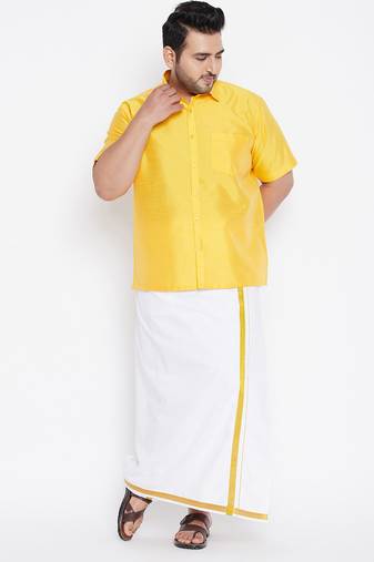 Men's yellow and white silk blend shirt and mundu set