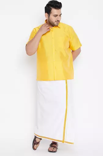 Men's yellow and white silk blend shirt and mundu set