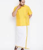 Men's yellow and white silk blend shirt and mundu set