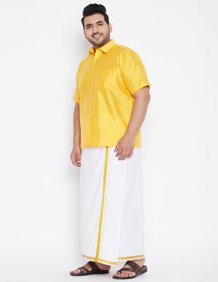 Men's yellow and white silk blend shirt and mundu set 2