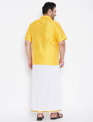 Men's yellow and white silk blend shirt and mundu set 3