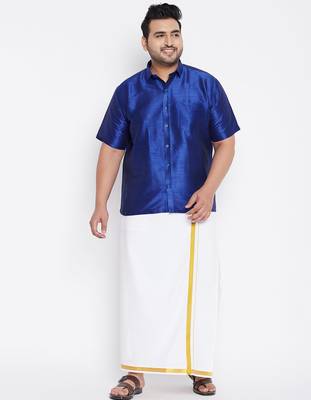 Men's blue and white silk blend shirt and mundu set 1