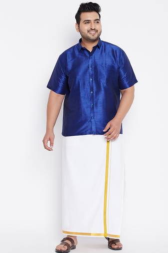 Men's blue and white silk blend shirt and mundu set