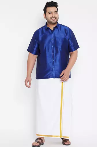 Men's blue and white silk blend shirt and mundu set