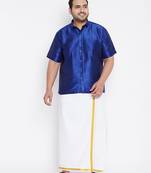 Men's blue and white silk blend shirt and mundu set