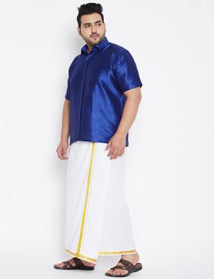Men's blue and white silk blend shirt and mundu set 2