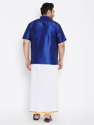 Men's blue and white silk blend shirt and mundu set 3