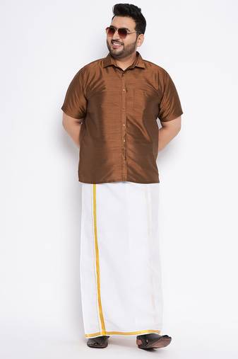 Men's coffee and white silk blend shirt and mundu