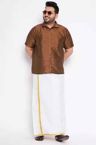 Men's coffee and white silk blend shirt and mundu