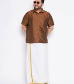Men's coffee and white silk blend shirt and mundu