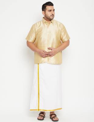 Men's gold and white silk blend shirt and mundu set 1