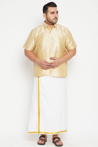 Men's gold and white silk blend shirt and mundu set