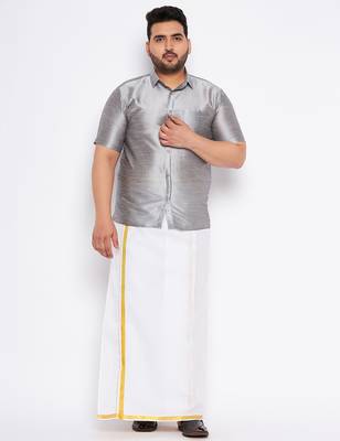 Men's grey and white silk blend shirt and mundu 1