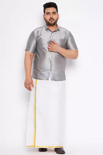 Men's grey and white silk blend shirt and mundu