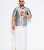 Men's grey and white silk blend shirt and mundu