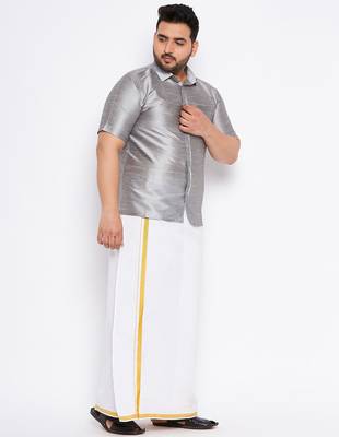 Men's grey and white silk blend shirt and mundu 2