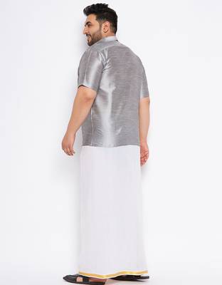 Men's grey and white silk blend shirt and mundu 3