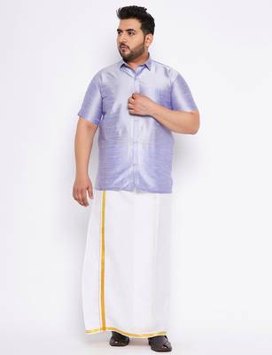 Men's lavander and white silk blend shirt and mundu 1