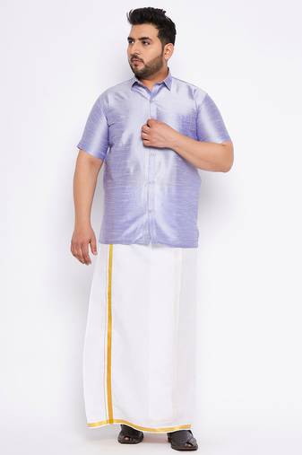 Men's lavander and white silk blend shirt and mundu