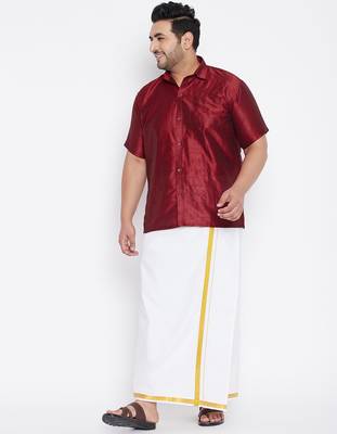 Men's maroon and white silk blend shirt and mundu set 1